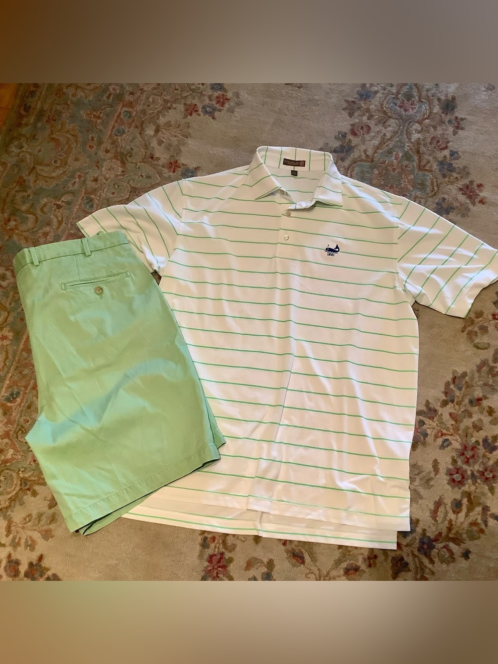 Peter Millar Bundle - White/Green striped Polo (L) and Green shorts (38)